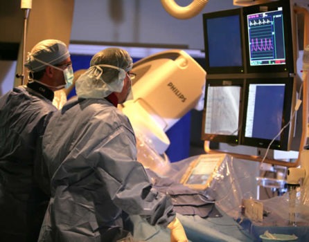 Interventional team working in a cardiac catheterisation laboratory